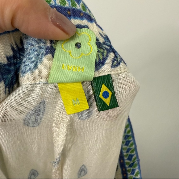 FARM Rio Festa de Arara Wide Leg Pant Cream & Blue Floral Print Linen Blend Sz M - Picture 10 of 15